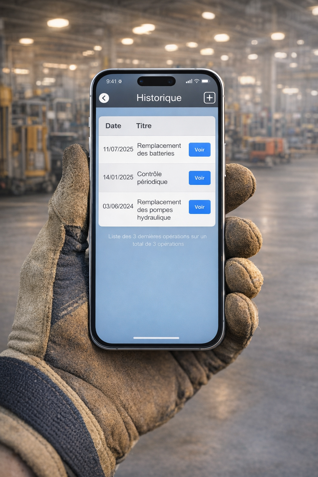Aperçu de la liste d'historique des opérations sur l'application